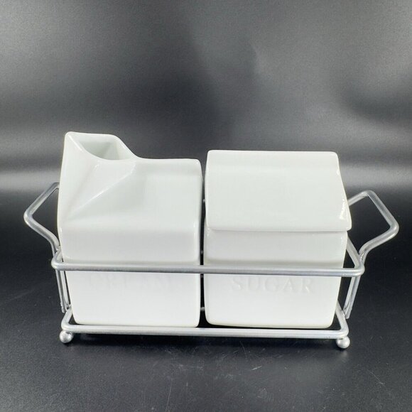 Denmark Sugar And Creamer Set 2 Vitrified Porcelain White Ceramic W Metal Rack - Picture 11 of 11